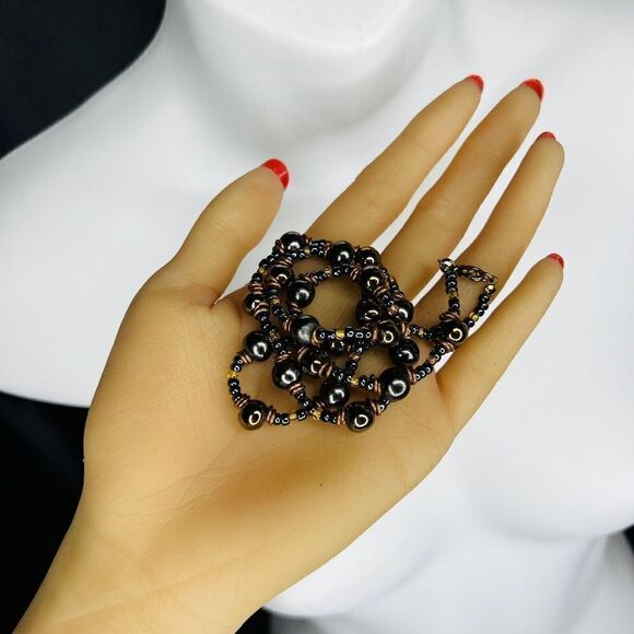 STUNNING Vintage Faux Pearl Black Brown Yellow Tone Beaded Beads Necklace 4021 - Picture 7 of 11